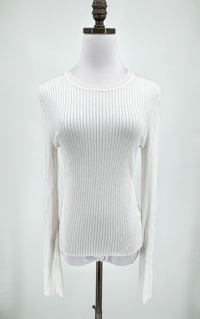 Veronica Beard White Ribbed Knit Crew Neck Long Sleeve Top Sz M